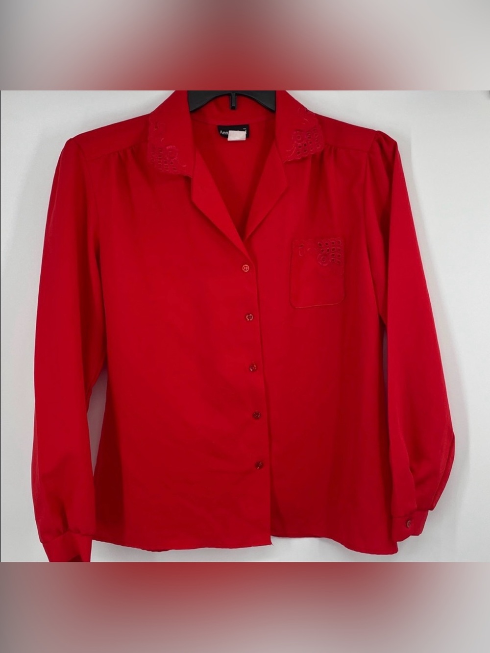 Vintage 80’s Ann Chabrol red scalloped lace eyelet trim button blouse Size 14